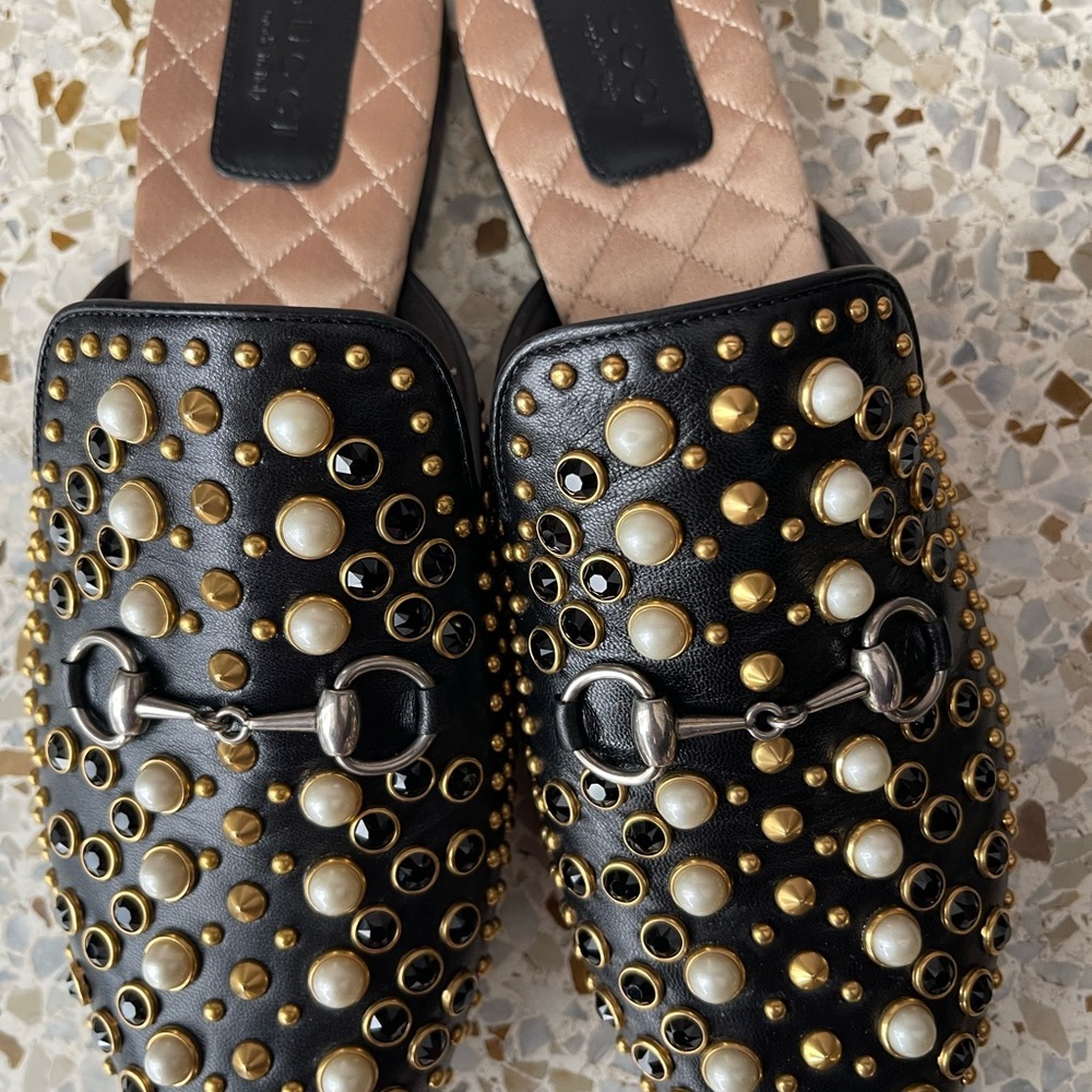 Gucci Princeton Pearl Studded Mules NWT! 37/7 black Horsebit NEVER WORN! Leather - Picture 7 of 9